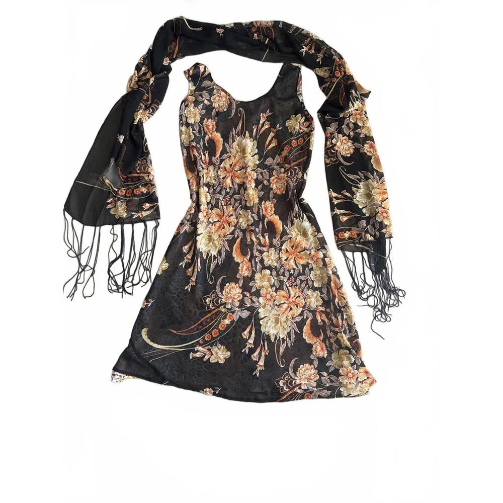 Reversible Floral and Animal Print Knee-Length Dress with Matching Scarf